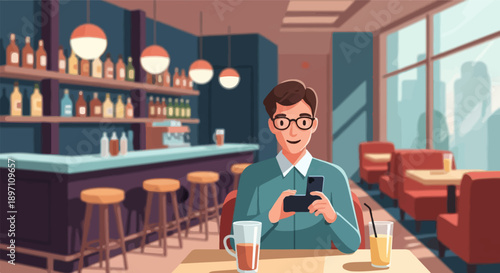 Man with phone at bar with drinks and booths