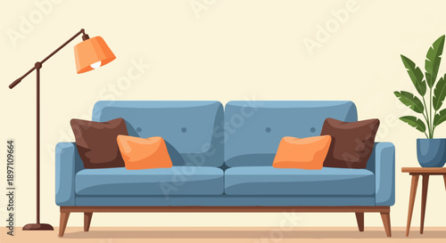 Modern living room setup with blue sofa, accent pillows, floor lamp, and plant