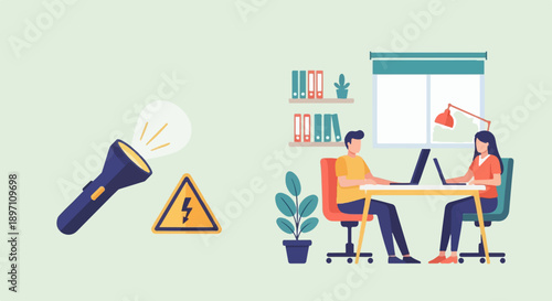 Illustration of a flashlight and danger sign next to people working