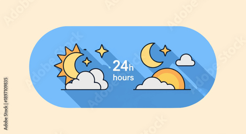 Illustration of day and night icons with text indicating twenty-four hour duration