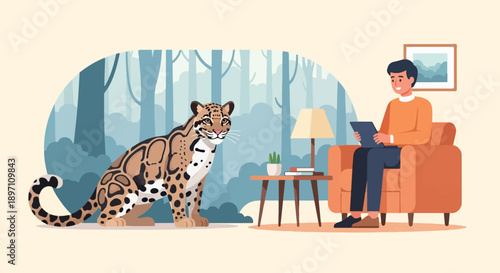 Man with tablet sits in armchair near a table with lamp and plant, ocelot nearby