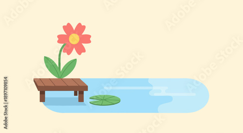 Minimalist illustration of a single flower on a wooden dock beside a pond with a lily pad