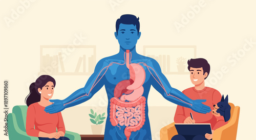 Illustration of human digestive system and people in session