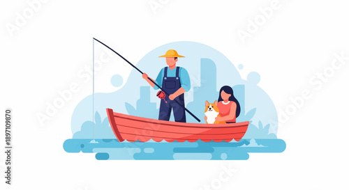 Man, woman, and dog enjoy a serene fishing trip in a boat on water