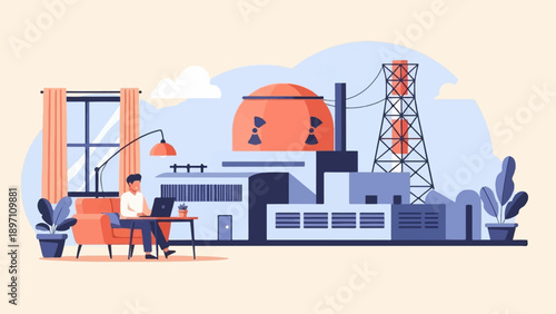 Man working on laptop at home with industrial complex background