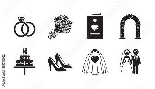 Wedding Icons Silhouette Vector Collection - Rings, Cake, Bouquet, Shoes, Arch, Couple, Veil, Card