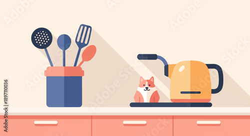 Minimalist kitchen scene with utensils, cute dog figurine, and kettle