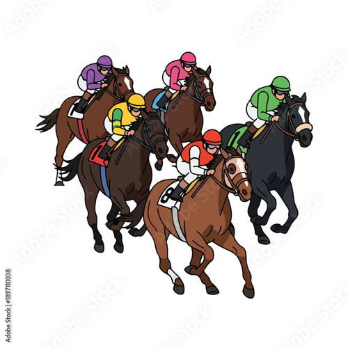 Racing Horses with Jockeys in Action.
