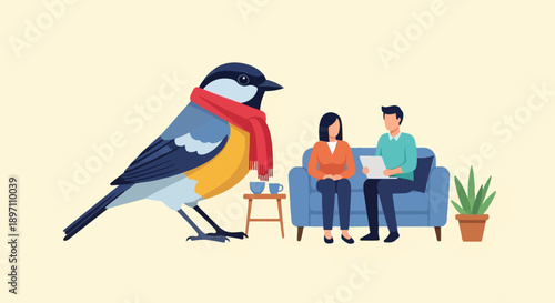 Giant tit wearing scarf sits near people in a living room
