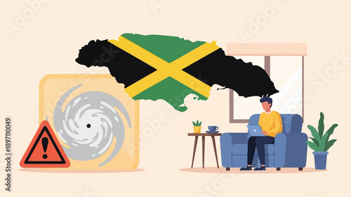 Man working remotely with Jamaica map and hurricane warning