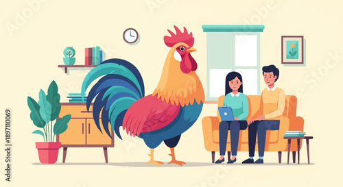 Giant rooster in cozy living room with a couple on a couch using a laptop