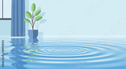 Indoor flooding with ripples and a potted plant