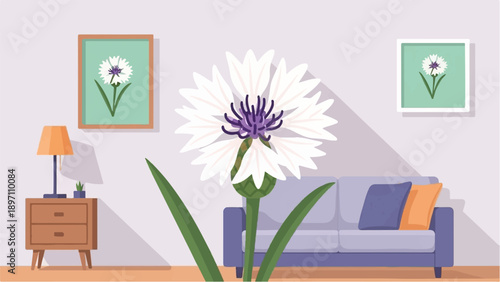 Minimalist living room with a large white flower as focal point