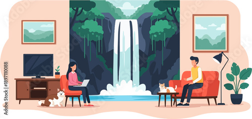 Indoor jungle retreat couple with pets enjoys waterfall view from home