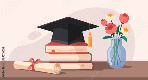 Graduation cap on books with diploma and flowers in vase