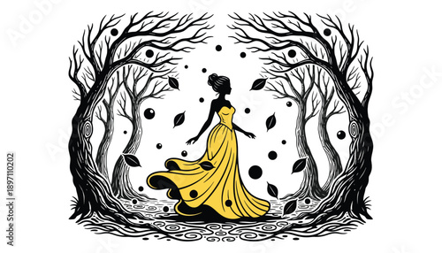 Vector illustration of a woman in a yellow dress dancing in a forest with bare trees and falling leaves isolated on transparent background