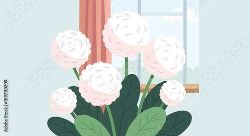 Gentle pink floral arrangement near window with pale blue background