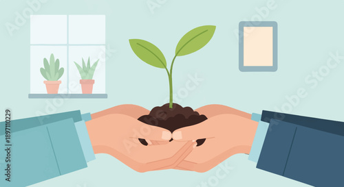 Gentle hands cradle soil with a new seedling, office decor in background