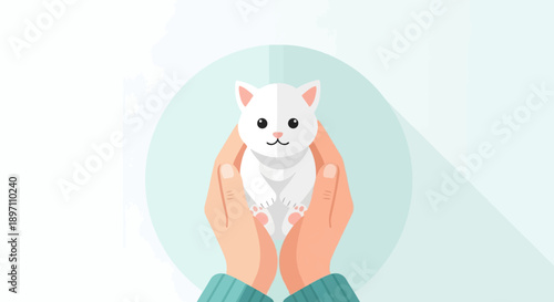 Gentle hands cup a small, fluffy white kitten against a soft blue and white background