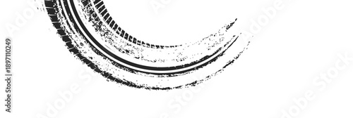 Tire track. Car, bike, motorcycle tyre mark with grunge effect isolated on white background. Wheel footprint on the road. Top view of rubber protector mark