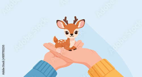 Gentle hands cradle a cute, spotted fawn against a soft blue background