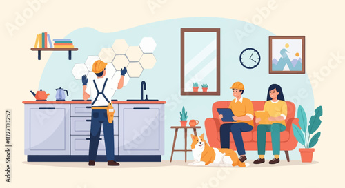 Interior renovation worker tiling kitchen, couple relaxing with dog on sofa