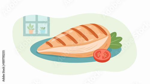 Grilled chicken breast on a plate with tomato and greenery