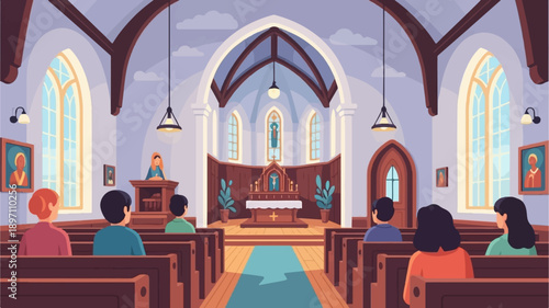Interior of a church with a congregation seated, a preacher at a podium, and an altar