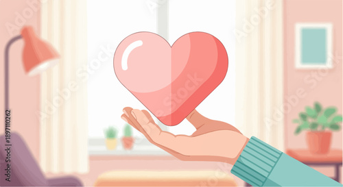Gentle hand offering a large pink heart in a cozy room with plants
