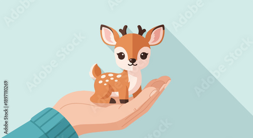Gentle hand holds cute fawn against a soft blue backdrop