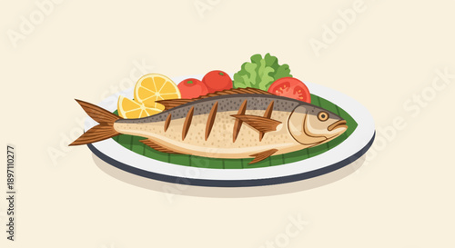 Grilled fish served on a platter with lemon, tomatoes, and greens