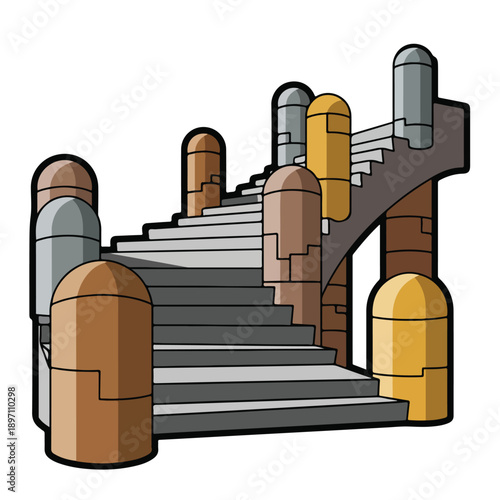 Staircase with Pillars and Railings Illustration.