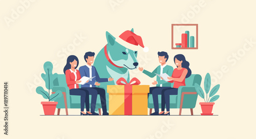 Group meeting with a dog wearing a Santa hat and a gift