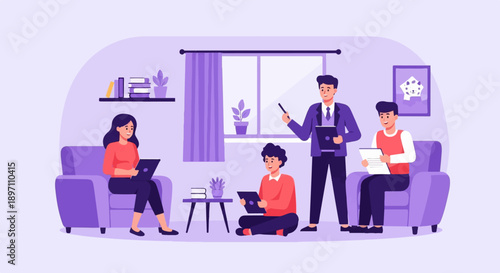 Group learning session with facilitator in a modern room setting