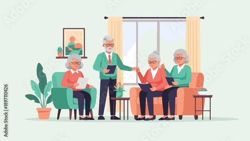 Group of elderly people in a living room, engaged in discussion