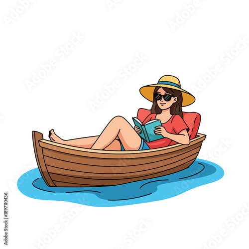 Woman Relaxing in a Small Boat Reading.