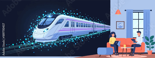 Futuristic train in motion, people working remotely from a cozy home interior