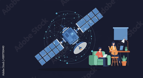 Futuristic satellite beaming data to people working in a modern office space