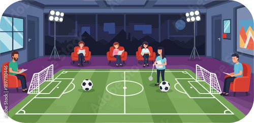 Indoor soccer field simulation with observers in seats, under studio lights