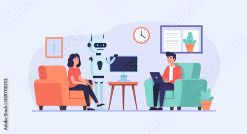 Futuristic living room with people and robot interacting with technology