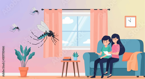 Indoor scene with two people on a couch, mosquitoes flying around