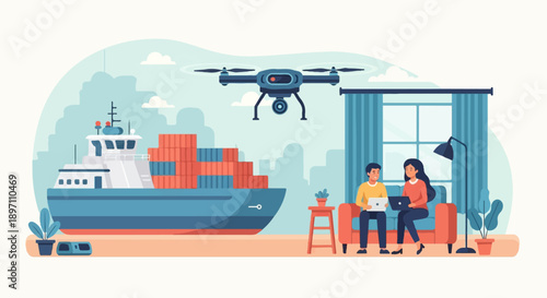 Futuristic logistics drone monitors cargo ship while couple works from home