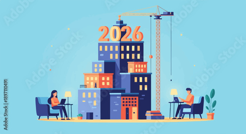 Futuristic cityscape with people working remotely, year 2026 construction