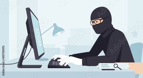 Hacker in black mask and glasses typing on keyboard in front of computer