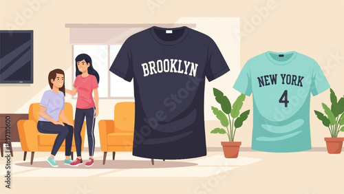 Friends relax in a living room with display t-shirts and plants
