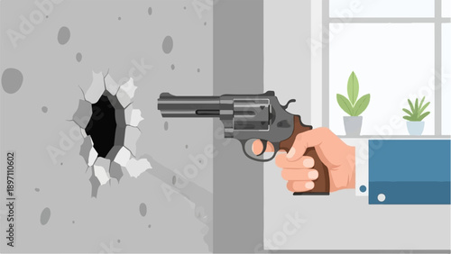 Hand holding a revolver aimed at a hole in a wall
