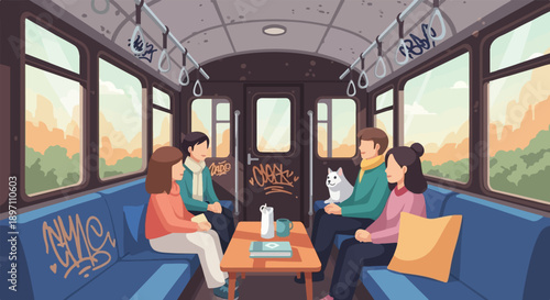 Friends share a train journey with a furry companion during sunset