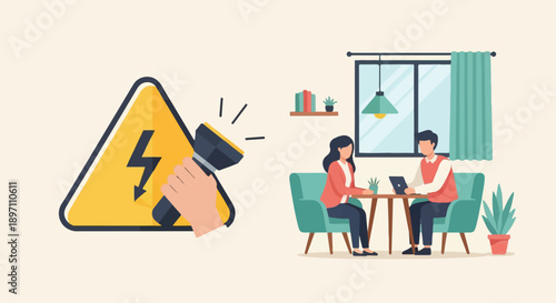 Hand holding flashlight points to electrical hazard sign; couple works on laptop