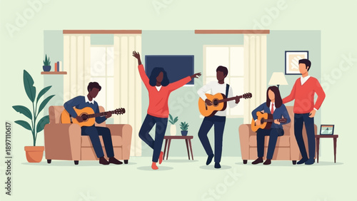 Friends gathering for a casual indoor musical jam session with guitars and dancing