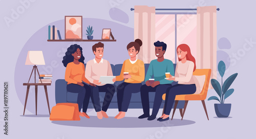 Friends gathered indoors, sharing drinks and conversation